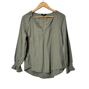 FRYE Olive Green Textured Diamond Pattern V Neck Button Up Long Sleeve  Top S